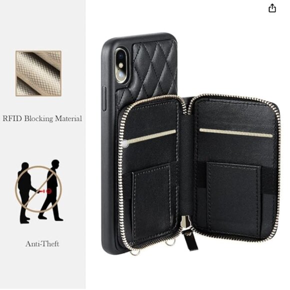 iPhone X Case Wallet with Card Holder Crossbody Faux Quilted Leather Black - Picture 5 of 6